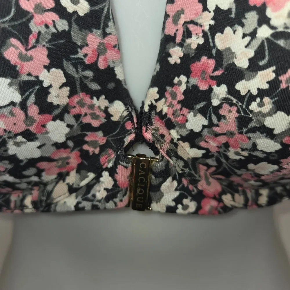 Cacique Boost Plunge Black & Pink Floral Underwire Bra Size 42DD